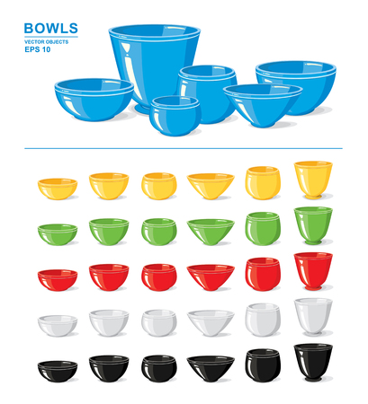 Vector illustration. Set of  different colorful empty bowls and crockery isolated on a white background. Kitchen objectsのイラスト素材