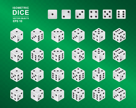 Six sided Isometric Dice. Vector illustration of white cubes with black pips in all possible turns on green checkered background. Casino symbolのイラスト素材