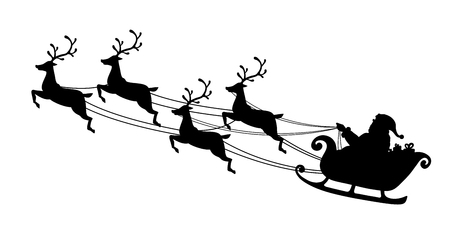 Santa Claus flying with reindeer sleigh. Black Silhouette. Symbol of Christmas and New Year isolated on white background. Vector illustration. Cartoon styleのイラスト素材