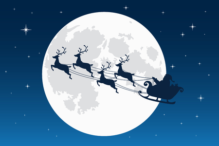 Santa Claus flying with reindeer sleigh. Dark Silhouette. Full moon and stars on the background. Symbol of Christmas and New Year. Vector illustration. Cartoon styleのイラスト素材