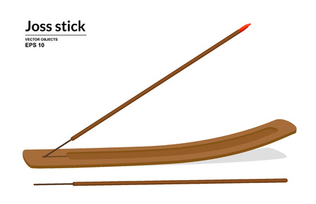 Burning joss stick. Wooden incense stick holder isolated on white background. Vector illustrationのイラスト素材