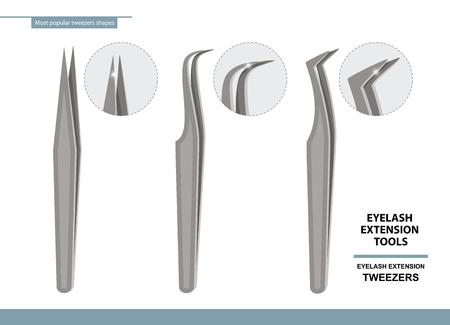 Eyelash Extension Tools. Set of most popular steel tweezers isolated on white background. Different shapes. Vector illustration. Training poster. Guideのイラスト素材