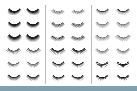 Lashes collection. Different Shapes of False Eyelashes. Closed Eyes. Eyelash Extension guide. Vector Illustration. Professional Glamor Makeup. Training Posterのイラスト素材