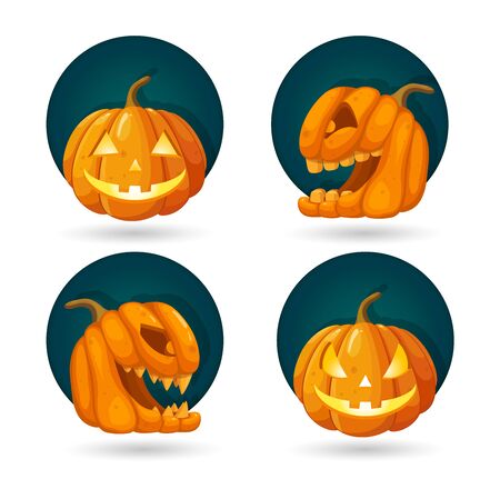 Set of Halloween Pumpkins. Decoration for Horror Holiday. Jack O Lantern head with burning candles. Vector illustrationのイラスト素材