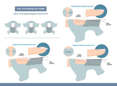 Nail Extension on Form. How to Properly Apply a Nail Form. Professional Manicure Tutorial. Vector illustrationのイラスト素材