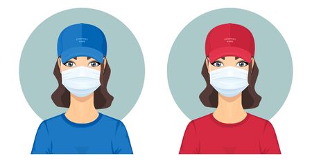Attractive Young Woman in Red and Blue Uniform with Surgical Face Mask. Safe Home Delivery Concept. Courier Service. Advertising for Your Company.のイラスト素材