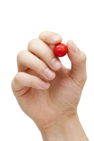 Hand holding red marker isolated on white with copy space. Hand holding red marker isolated on white with copy space.