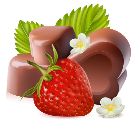 Photorealistic illustration. Strawberry with leaves and chokolate candies.のイラスト素材
