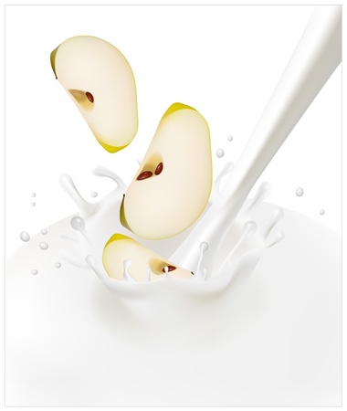 Vector illustration. Green apples falling into the milky splash.のイラスト素材