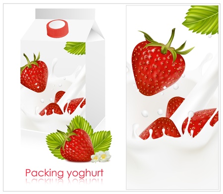 Vector illustration. Background for design of packing yogurt with photo-realistic vector of strawberry.のイラスト素材
