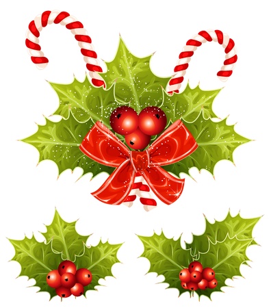 Christmas holly with candy canes and red bow. vector illustrationのイラスト素材