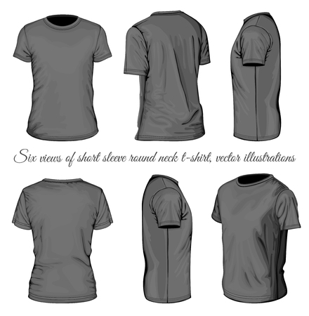 Men's black short sleeve t-shirt. Six views of t-shirt. Vector illustrationのイラスト素材