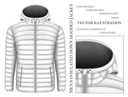 Men's hooded insulated down jacket with zip pockets. Vector illustration.のイラスト素材