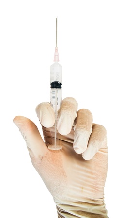 put glove and hold syringe on isolate white backgroundの写真素材