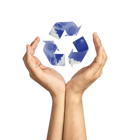 woman hand holding sky recycle sign on isolate backgroundの写真素材