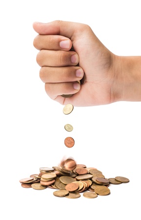 hand scatter coin on isolate white backgroundの写真素材