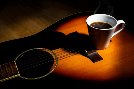 coffee on guitarの写真素材