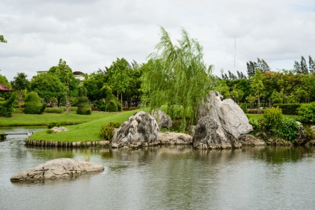 Rock garden with pondの写真素材