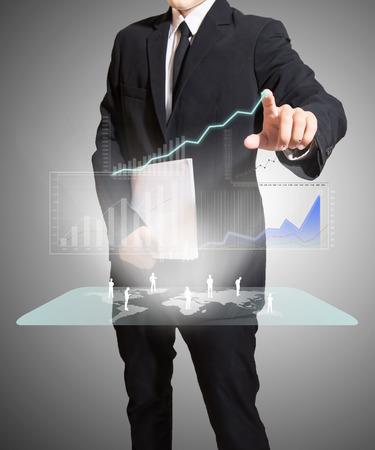 businessman analyze graph with digital world map and connection of businessの写真素材