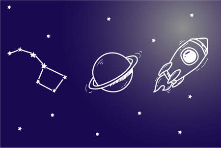 Space-themed icons, beautiful bright constellations, stars, rocket, planets