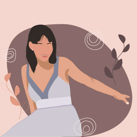 The girl is depicted on an abstract background with plants, boho style. Vector illustration, fashion.のイラスト素材