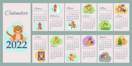 Calendar for the year of the Tiger 2022. On a light background with blue. An illustration with a tiger for each month.のイラスト素材
