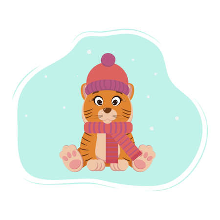 cute tiger is sitting in a hat and scarf and snowingのイラスト素材