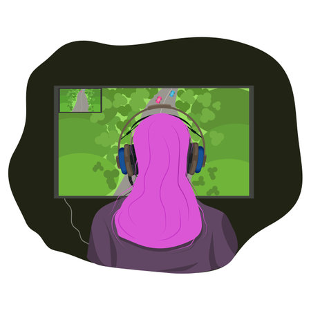 A video game streamer girl with bright fashionable hair plays and records a videoのイラスト素材