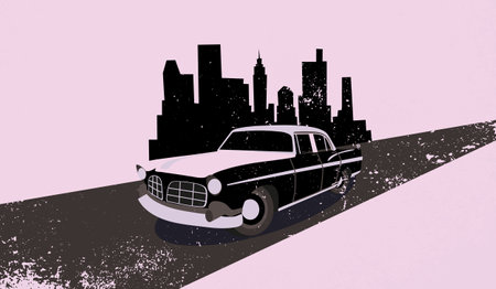 a retro-style car in black and white is driving on the roadのイラスト素材