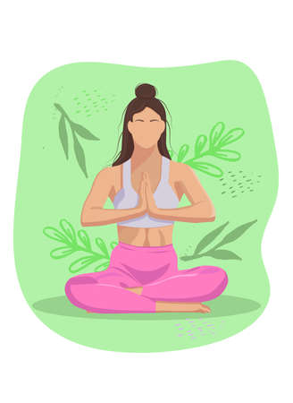 a girl does yoga against a background of greenery in a lotus positionのイラスト素材