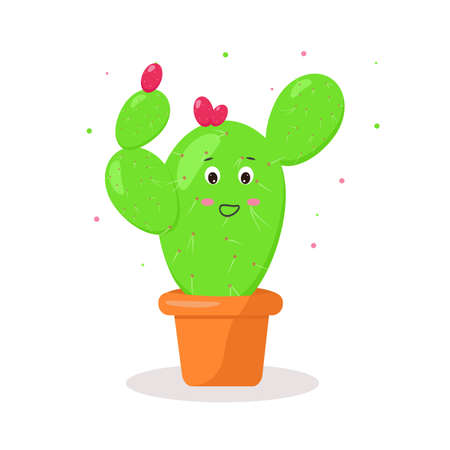 the character is a cactus with a pink flower in a pot of kawaii emotionsのイラスト素材