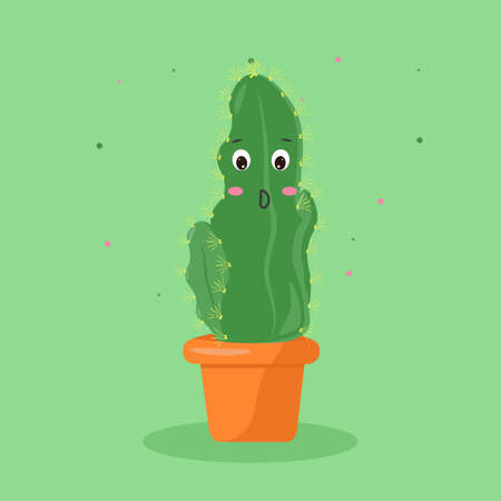 the character is a cactus with yellow needles in a pot of kawaii emotionsのイラスト素材