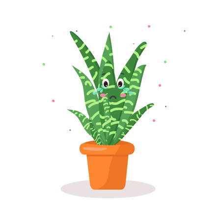 the character is a kawaii cactus in a pot with emotions cryingのイラスト素材