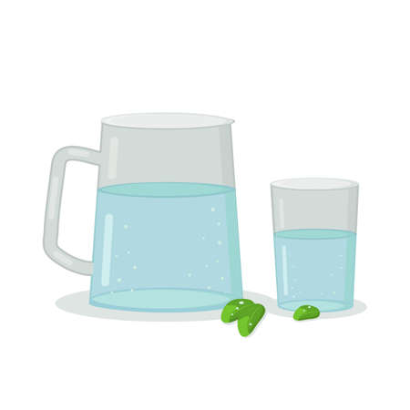 a decanter and a glass of drinking water with mint leavesのイラスト素材