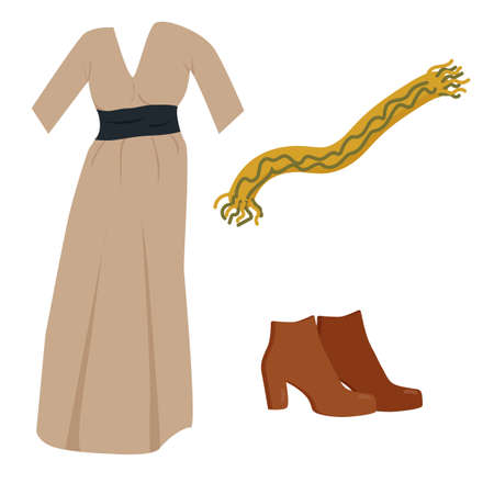 set of warm autumn clothes dress scarf shoesのイラスト素材