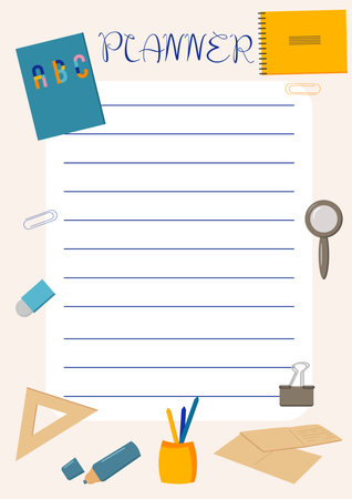 the planner for the student is decorated with stationery notebooks books markers magnifying glass rulerのイラスト素材