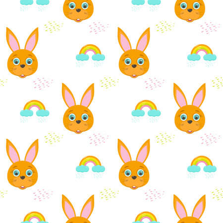 pattern for children cute rabbit and rainbow clouds with rain bright colorsのイラスト素材