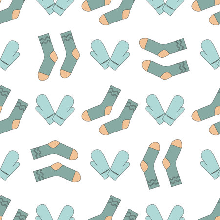 pattern of winter warm clothes socks and mittens in line art style for gift wrapping, wrapping paperのイラスト素材