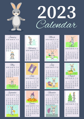 layout of a vertical calendar for 2023 with a rabbit in blue with a character and pictures for each monthのイラスト素材