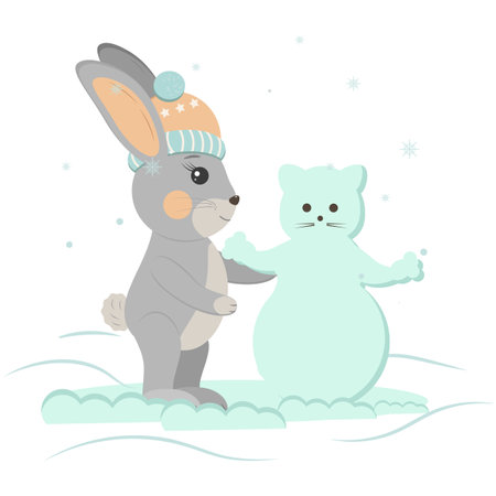 a rabbit in a hat makes a cute snowmanのイラスト素材