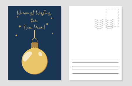 the layout of a greeting card with a golden Christmas ball on a dark backgroundのイラスト素材