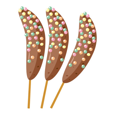 bananas in chocolate on a skewer are decorated with icing and colored sprinkles on a white background separatelyのイラスト素材