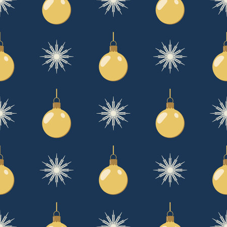 Snowflake pattern for decorative decoration. Vector festive illustration. Dark blue background with snowflakes and golden balls pattern. Seamless pattern.のイラスト素材
