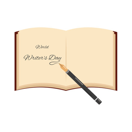 Writers Day. Open book with fountain pen. March 3. Great design for any purpose. Flyer design. Vector flat illustration.のイラスト素材