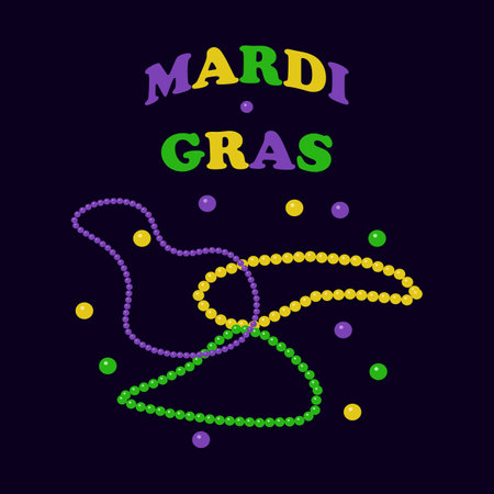 Mardi Gras inscription colored beads on dark. Vector isolated illustration. Flat style.のイラスト素材
