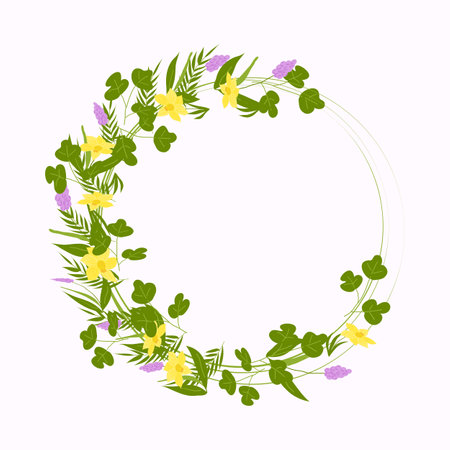 Round frame of spring flowers and twigs. Wedding card decoration. Greeting card. White background. Vector flat illustration.のイラスト素材