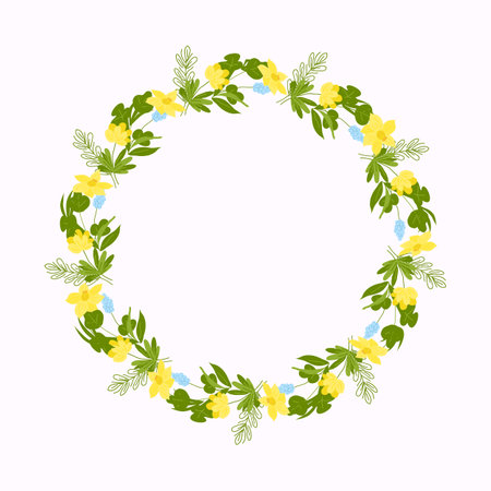 Round frame of spring flowers and twigs. Vector flat illustration. Wedding card decoration. Greeting card. White background.のイラスト素材