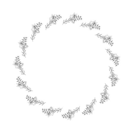 Template frame of spring flowers line art on a white background. Floral design for wedding invitation, banner, poster. Round.のイラスト素材