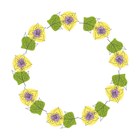 Template frame of spring flowers line art on a white background. Floral design for wedding invitation, banner, poster. Colored. Round.のイラスト素材
