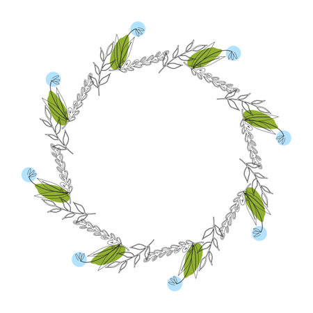 Template frame of spring flowers line art on a white background. Round. Colored. Floral design for wedding invitation, banner, poster.のイラスト素材